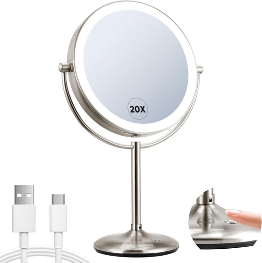 9" Lighted Makeup Mirror, 1X/20X Rechargeable Magnifying Mirror with 3 Color Dimmable Lights