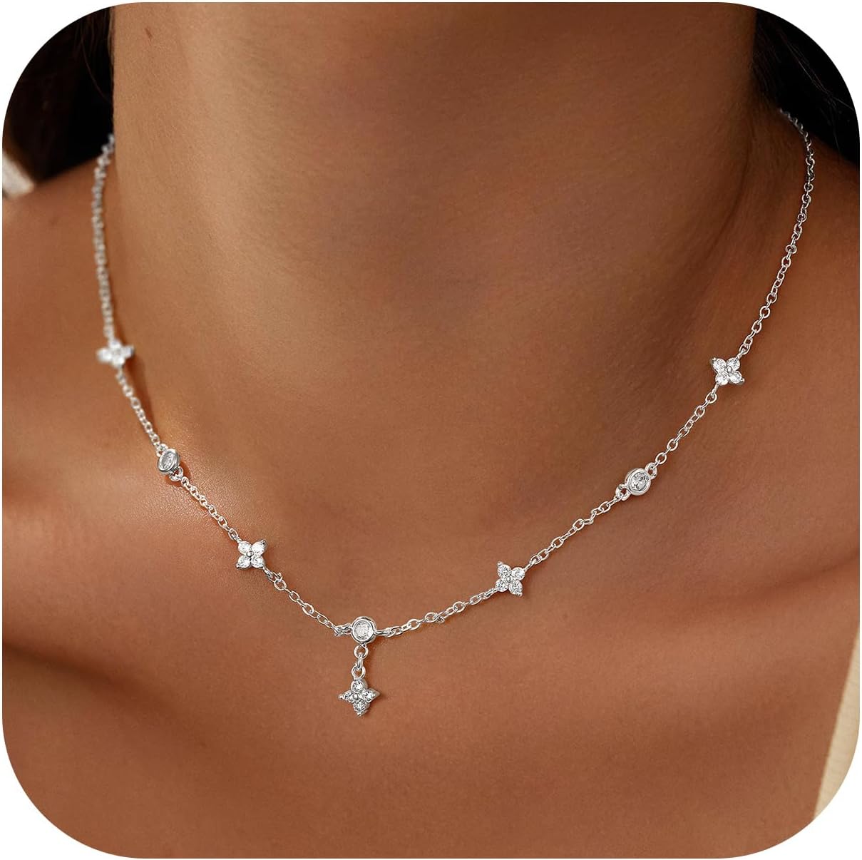 14K Gold Plated Charm Choker Necklace with Pearl & Clover, Cubic Zirconia Dainty Trendy Jewelry Gift for Women