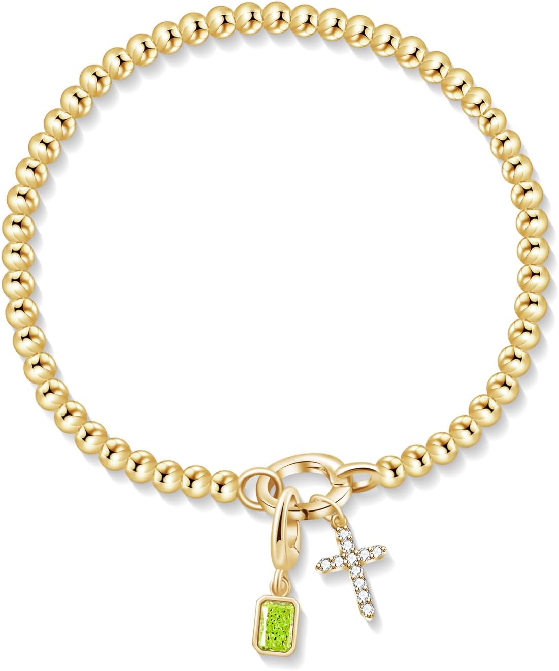 Free bird Cross Birthstone Bracelet | Dainty 14K Gold Plated Cross Charm Bracelet | Stretchable Elastic Gold Beaded Bracelet
