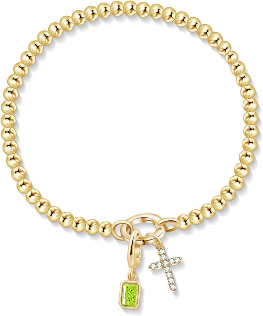 Free bird Cross Birthstone Bracelet | Dainty 14K Gold Plated Cross Charm Bracelet | Stretchable Elastic Gold Beaded Bracelet