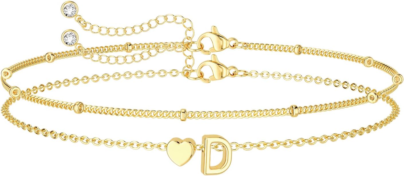 Dainty Initial Heart Gold Bracelets for Women Trendy, 14K Real Gold Letter Charm Bracelet Jewelry