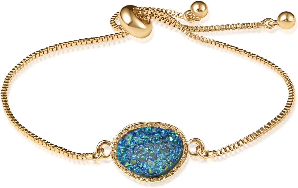 Humble Chic NY Simulated Druzy Chain Bracelet for Women - Boho Stackable Adjustable Bolo Slider Bracelet