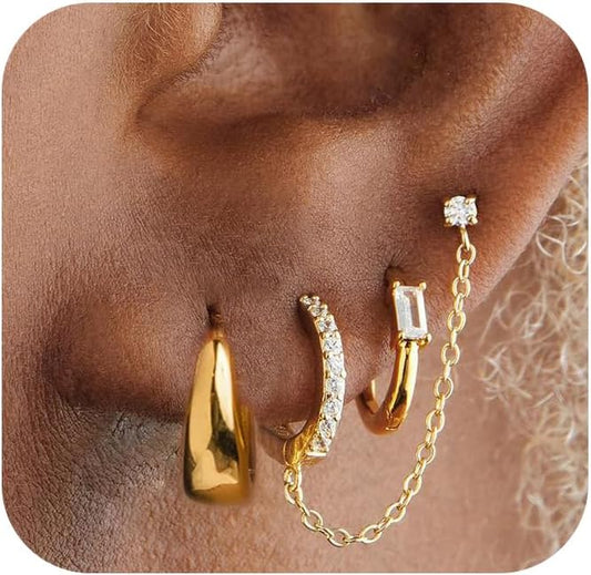 Small Gold Hoop Earrings Set for Women, 14K Gold Plated Lightweight Earrings Sets for Multiple Piercing