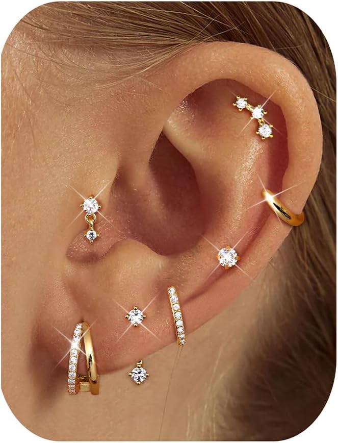 Small Stud Hoop Earrings for Women - 7 Pairs Hypoallergenic 14K Gold Plated Huggie Earring Sets for Multiple Piercing