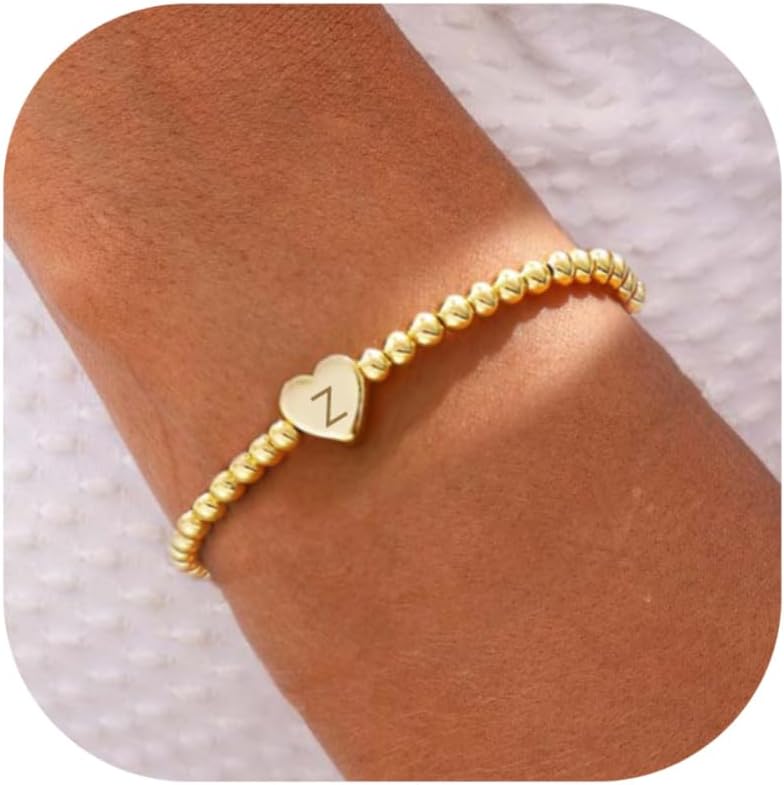 Beaded Bracelets for Women Dainty Heart Initial Bracelet Letter A-Z Charm Bracelet for Women Stretch