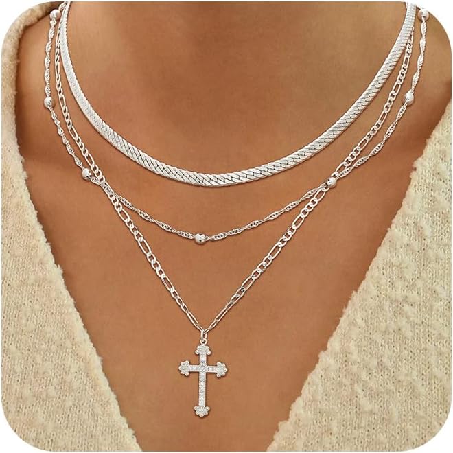 Women's Necklace - 14K Gold/Silver Plated Layered Chain With Cross, Coin & Pearl Pendants - Stackable Trendy Jewelry Gift For Her