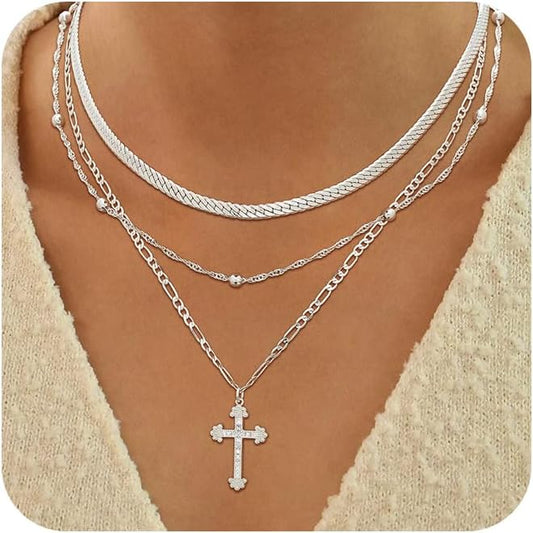 Women's Necklace - 14K Gold/Silver Plated Layered Chain With Cross, Coin & Pearl Pendants - Stackable Trendy Jewelry Gift For Her