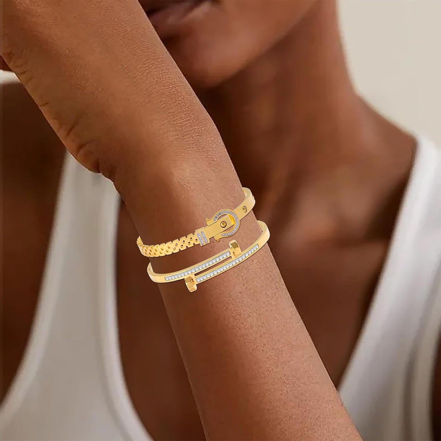 2PCS Gold Bracelets for Women Friendship & Love Theme Crystal Bangle Set Stainless Steel Non Tarnish Jewelry