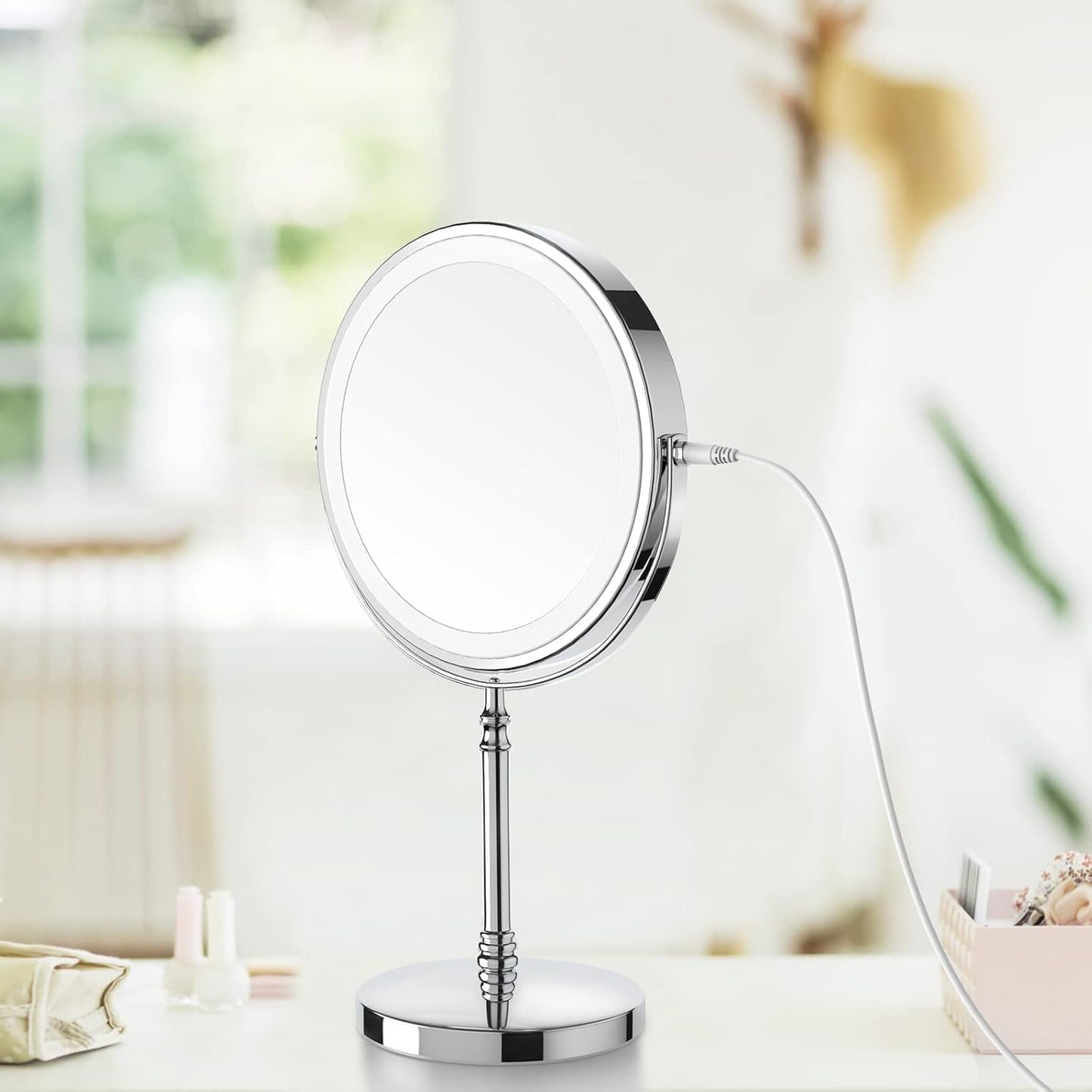 Lighted Makeup Mirror, 3000 mAh Rechargeable Double Sided Magnifying Vanity Mirror with 3 Colors, 1x/10x, 360° Rotation