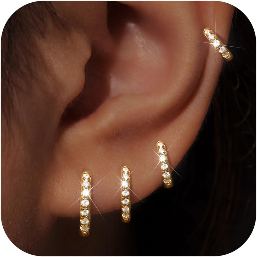Small Gold Huggie Hoop Earrings Set for Women Men Hypoallergenic 14K Plated Stack Cartilage Earrings, Multiple Piercing