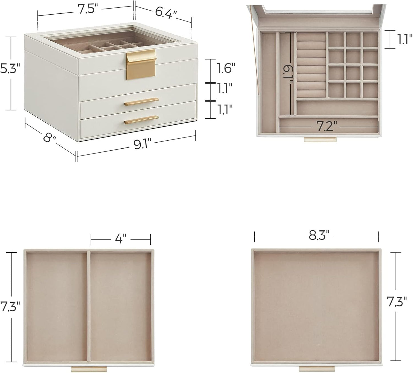 Jewelry Box Organizer with Glass Lid, 3-Layer Jewelry Storage, with 2 Drawers, Modern Style, Cloud White and Gold Color