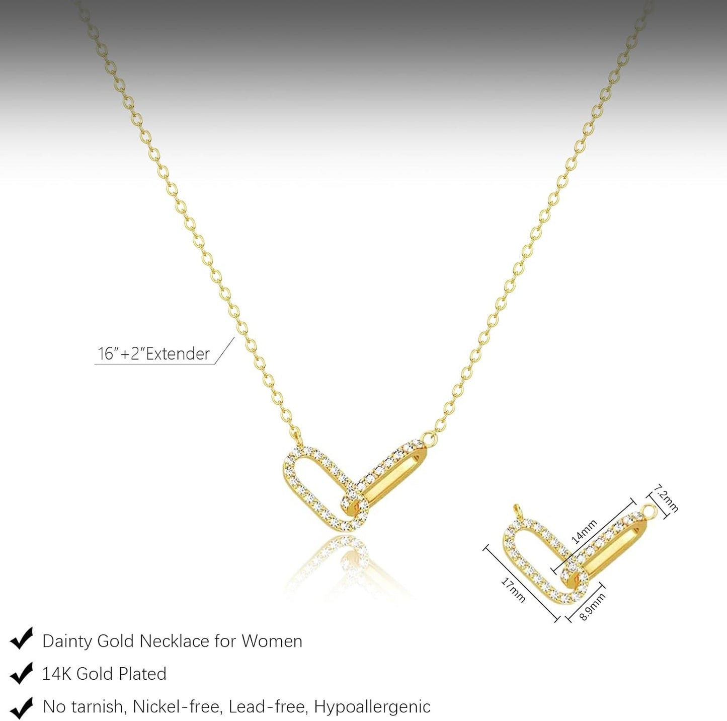 18K Gold Plated Diamond Pendant Necklace - Paperclip Choker w/ Open Oval Design
