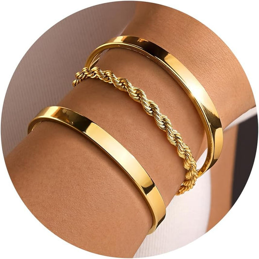 Gold Bracelets for Women Non Tarnish Dainty 14K Real Gold Plated Bangle Cuff Bracelets Stack for Women