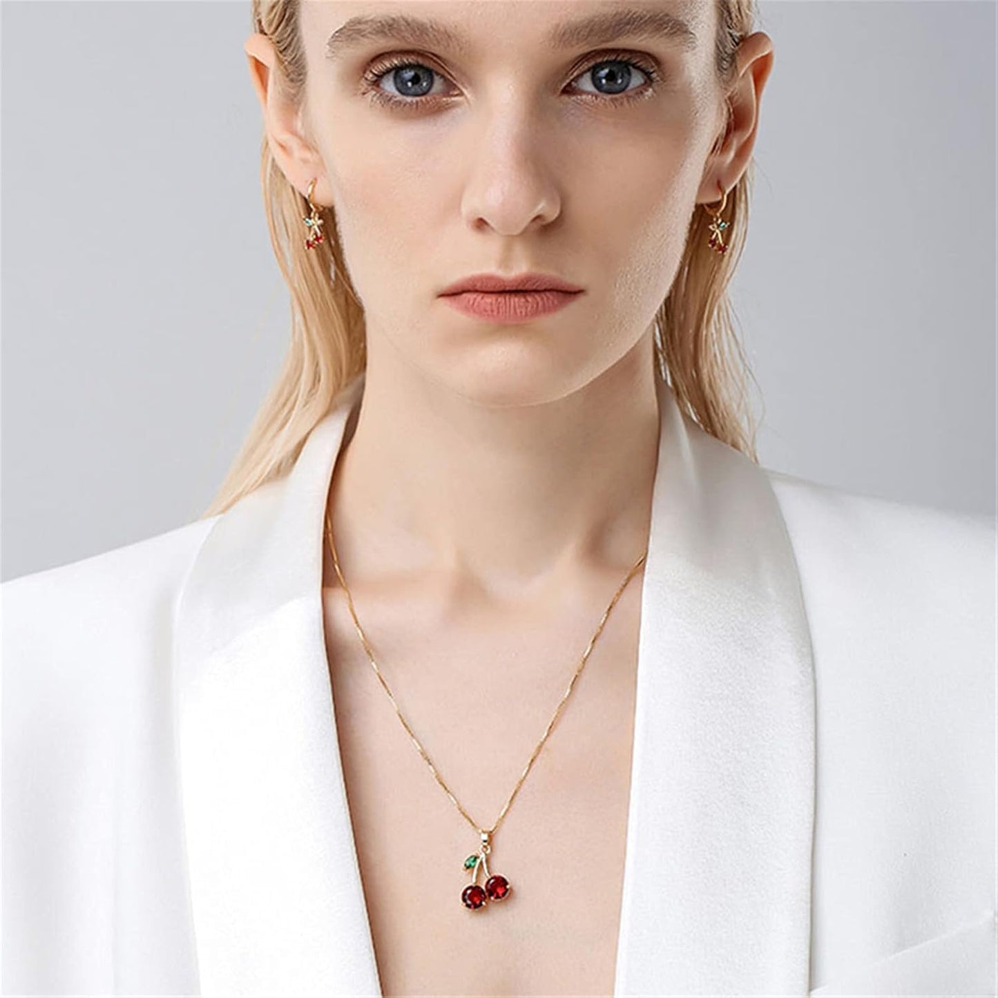 Personalized Red Crystal Cherry Fruit Earring for Women  Cute Tropical Fruit Basket Choker Sweet Shining Green Leaf Ruby Red Cherry Stud Earrings