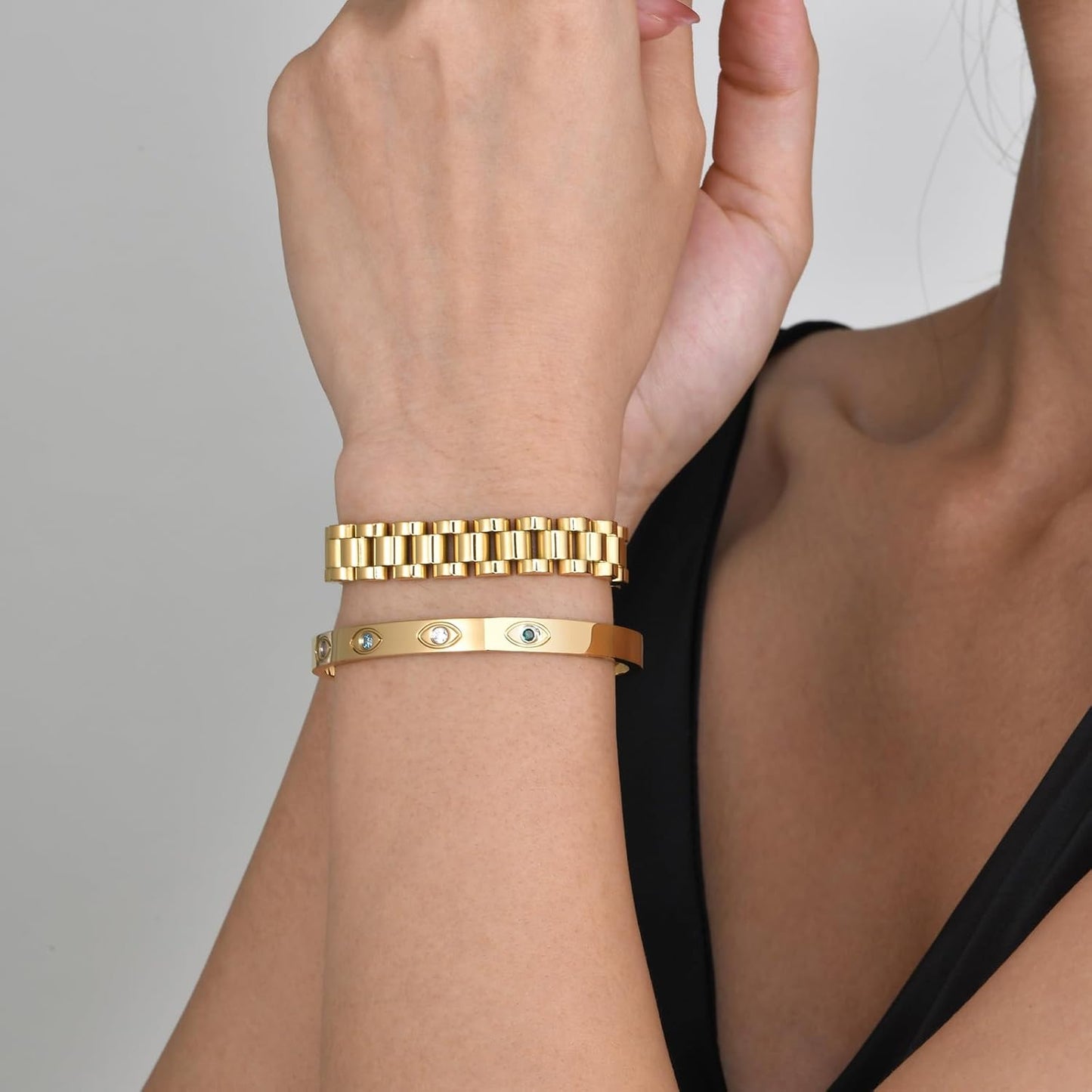 2pcs Gold Chain Link Bracelet, Stainless Steel Crystal Friendship Bracelets Bangle,Watch Band Chains Wristband