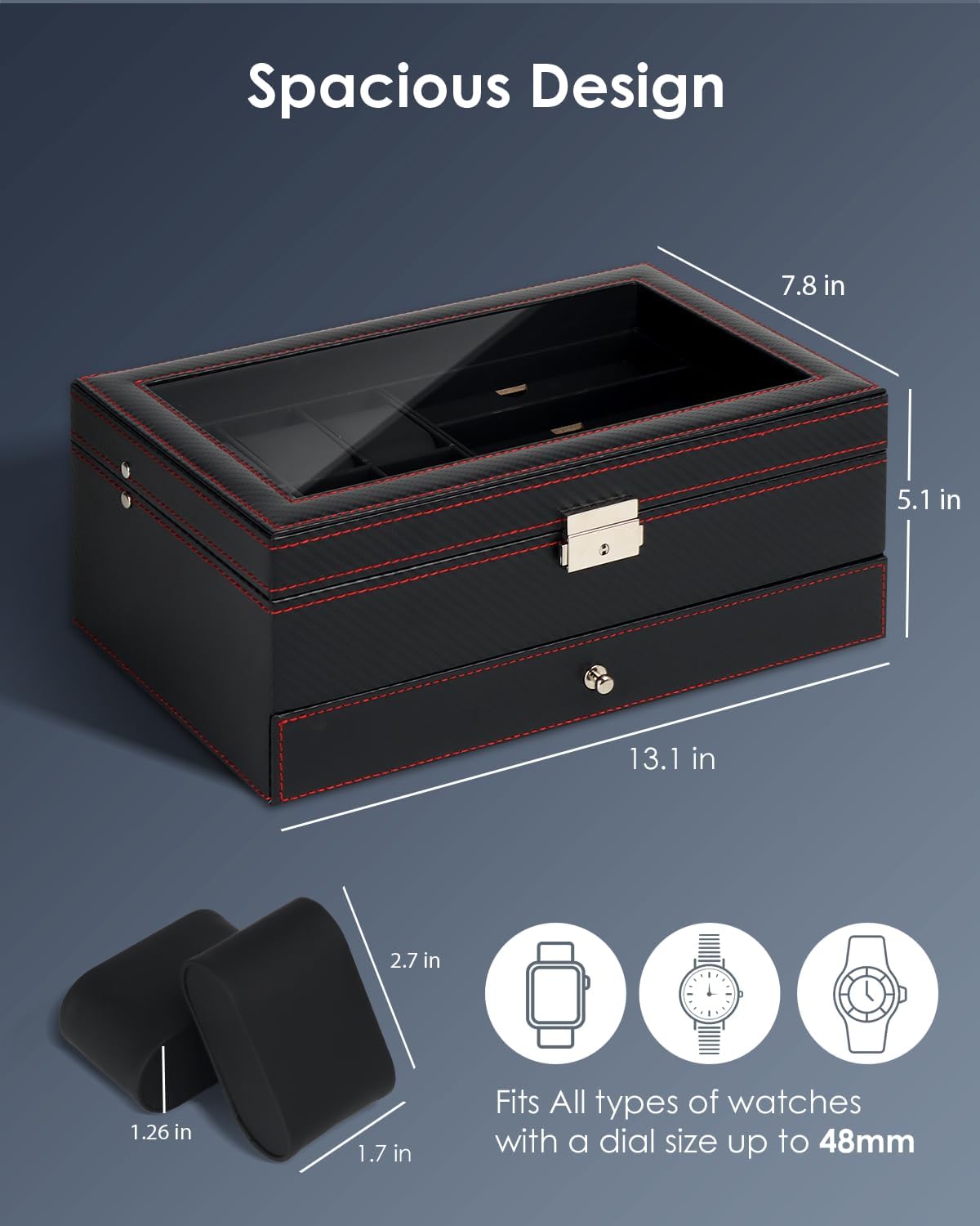 6-Slot 2-Layer Watch Case and Sunglasses Storage with Large Glass Lid, Men's Jewelry Box with Lock