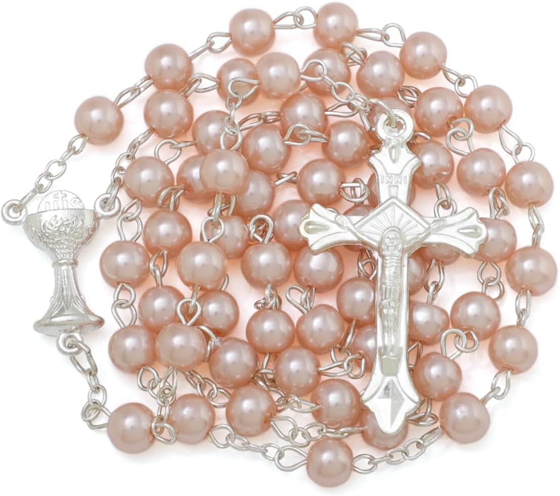 6mm Pearl Rosary Beads With Crucifix - Women's Catholic Prayer Necklace, Gift Box & Pouch Included