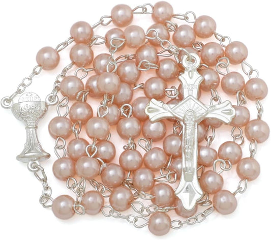 6mm Pearl Rosary Beads With Crucifix - Women's Catholic Prayer Necklace, Gift Box & Pouch Included