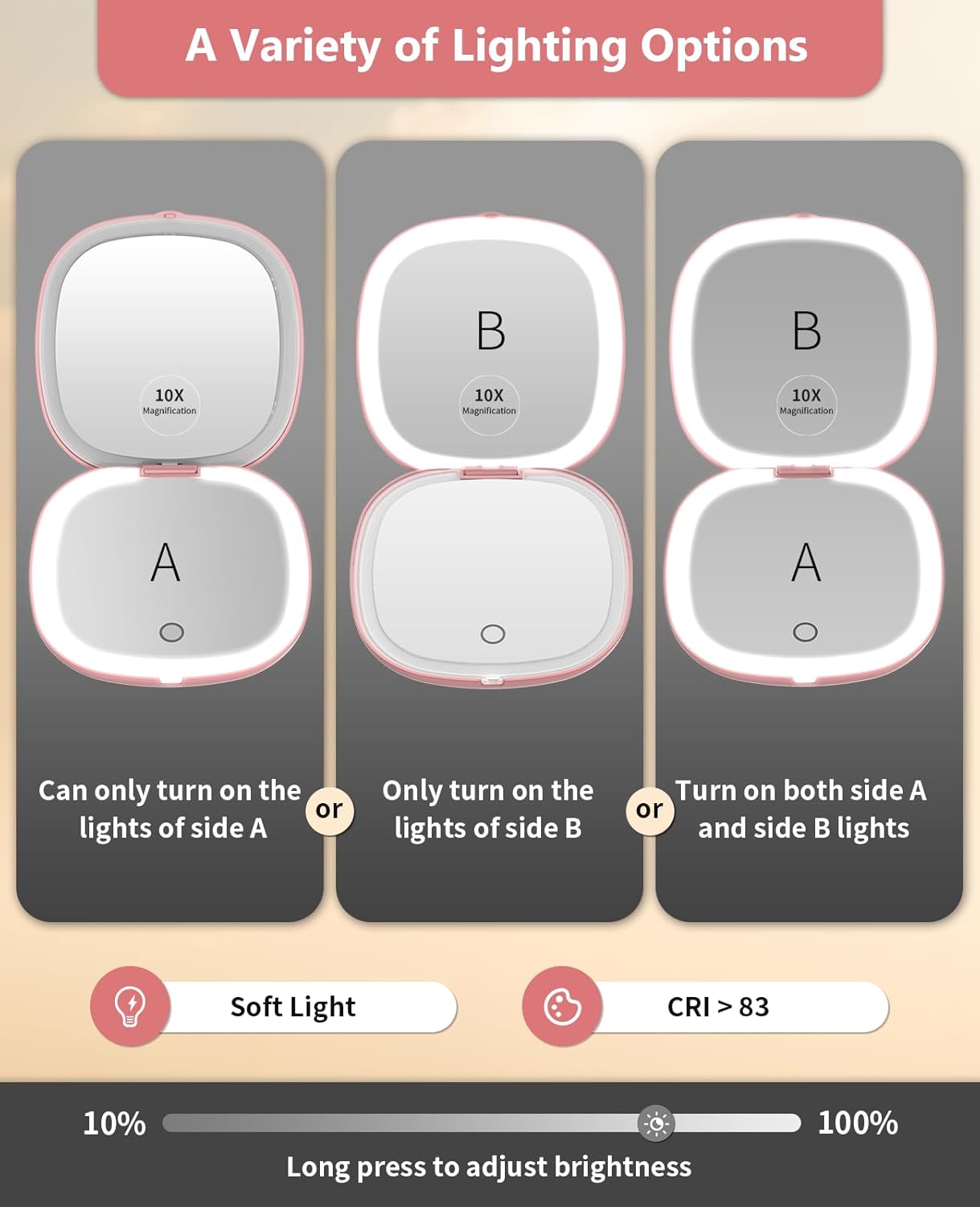 Rechargeable Lighted Travel Makeup Mirror,1x/10x Compact Magnifying Mirror with Lights,Portable for Bag,4inch