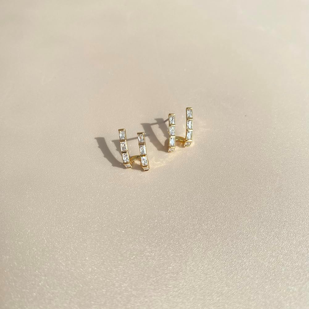 14K Gold Plated Triple Huggie Illusion Stud Earrings | Double Huggie Hoop Earrings for One Hole | Gold Hoop Earrings for Women