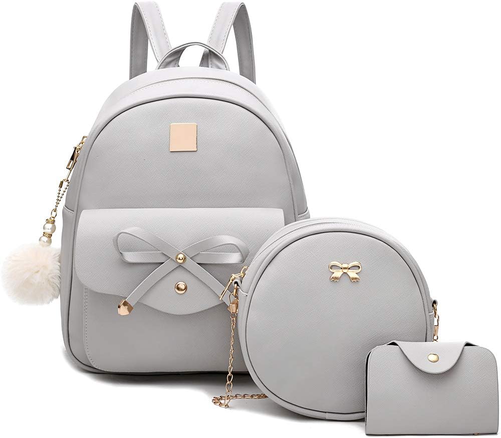 3-Pieces Girls Bowknot Fahsion Leather Backpack Backpack Purse for Women Rucksack