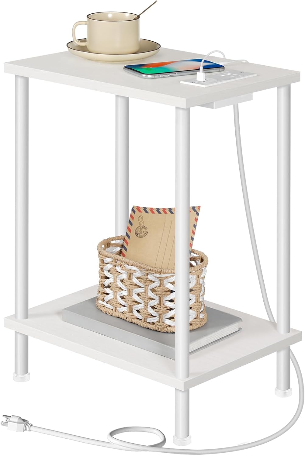 End Table with USB Port and Outlet, Nightstand with 2-Layer Storage Shelves