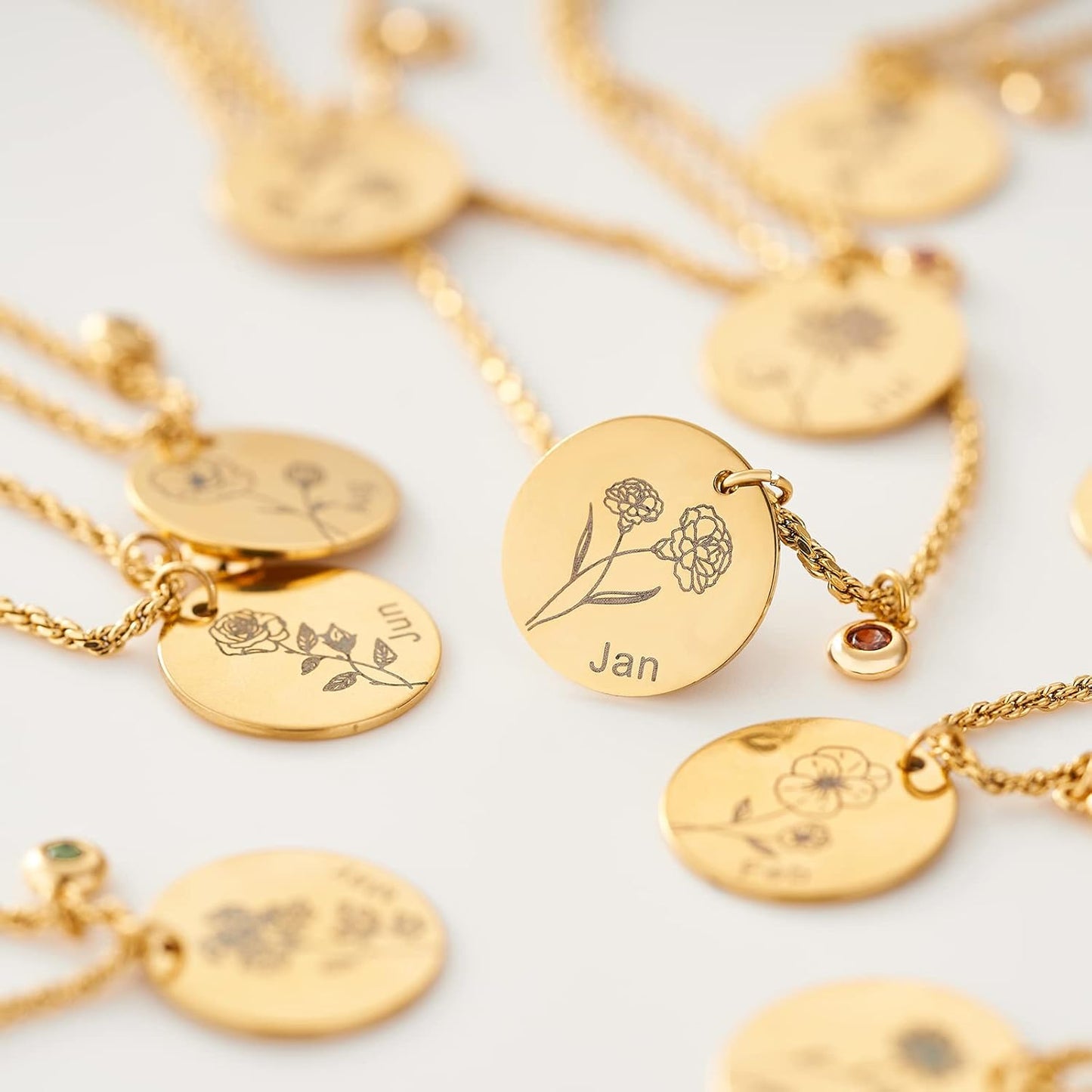 18K Gold Carnation Birth Flower Necklace – Dainty 2MM Twist Chain with Birthstone Pendant