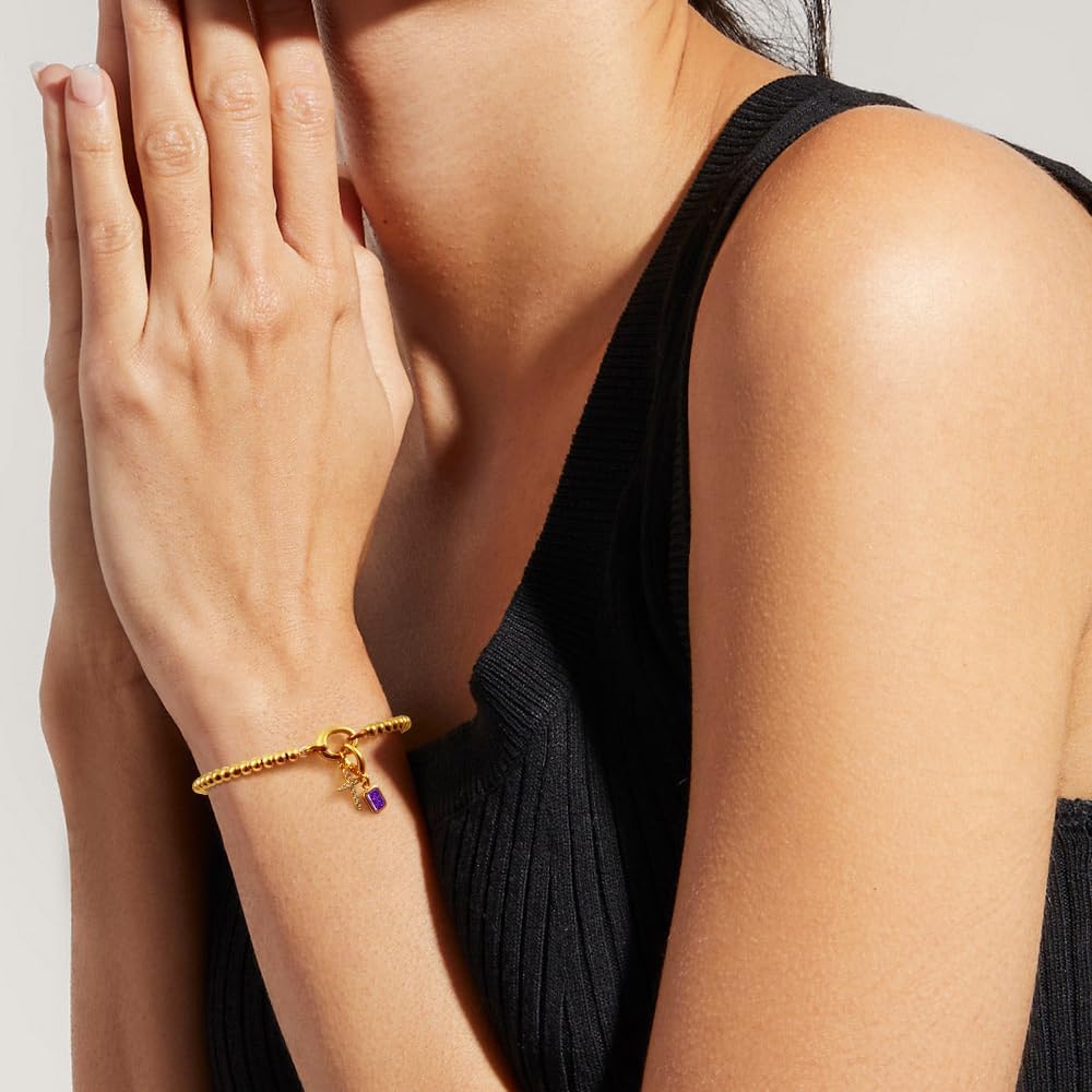 Free bird Cross Birthstone Bracelet | Dainty 14K Gold Plated Cross Charm Bracelet | Stretchable Elastic Gold Beaded Bracelet
