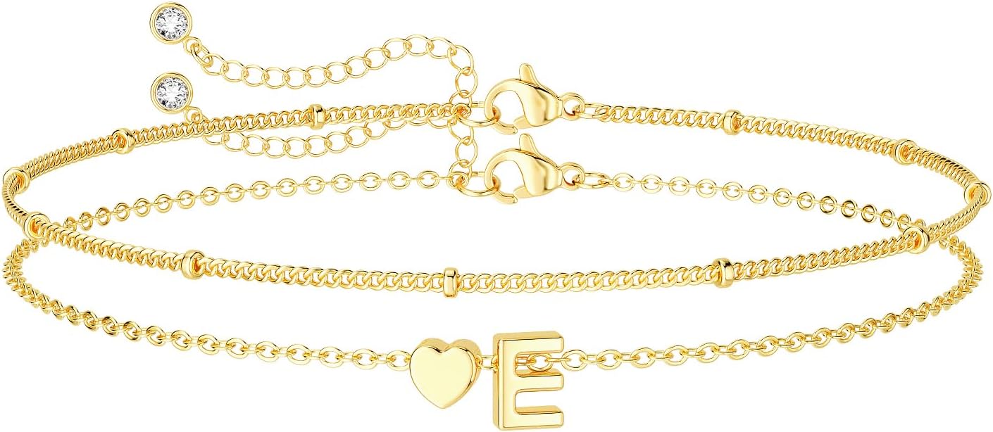 Dainty Initial Heart Gold Bracelets for Women Trendy, 14K Real Gold Letter Charm Bracelet Jewelry