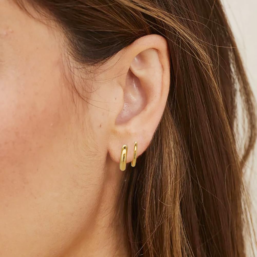 14K Gold Plated Triple Huggie Illusion Stud Earrings | Double Huggie Hoop Earrings for One Hole | Gold Hoop Earrings for Women