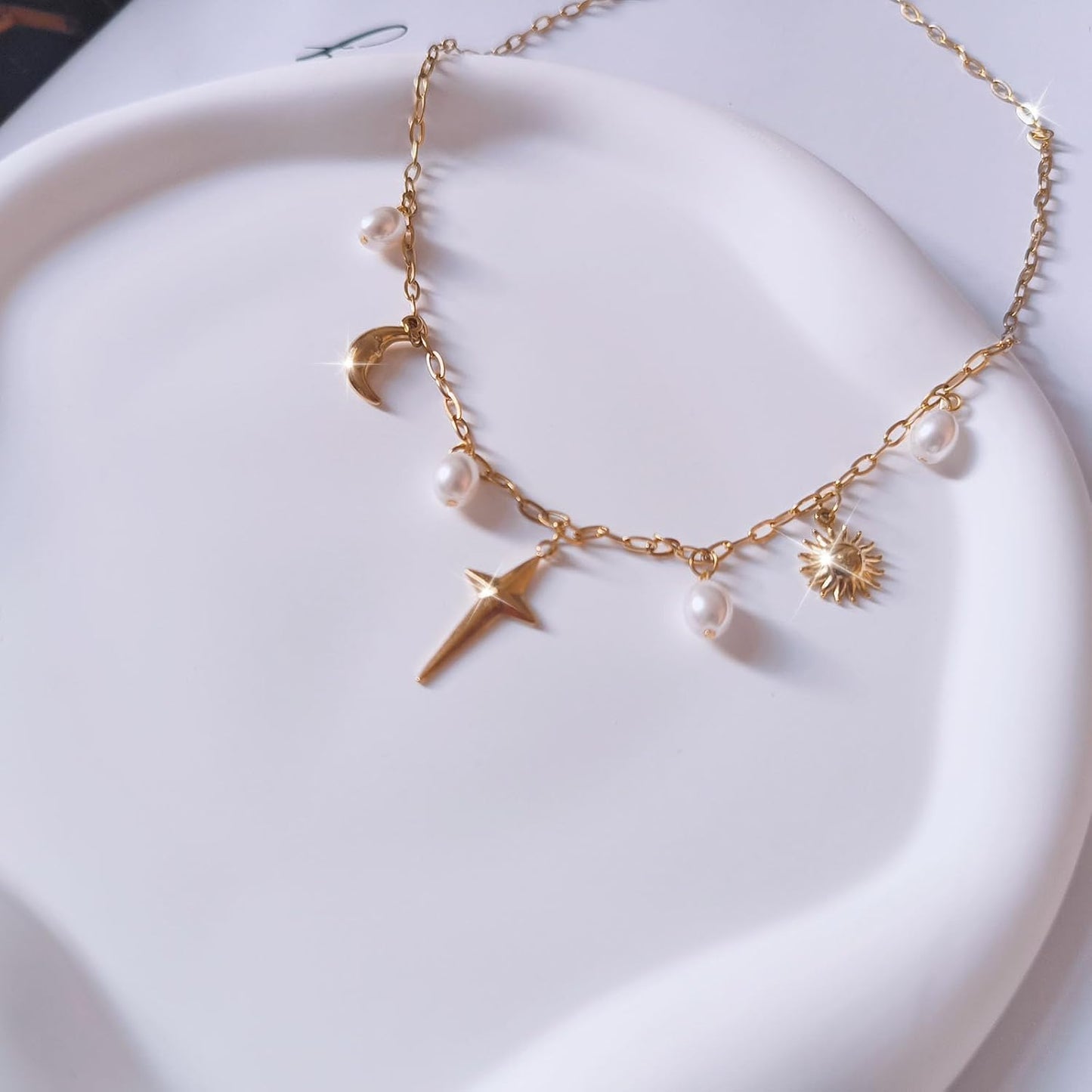 Dainty Gold Paperclip Charm Necklace With Shell, Moon, Star, Cross & Hexagram Pendant - Non-Tarnish Summer Beach Jewelry For Women