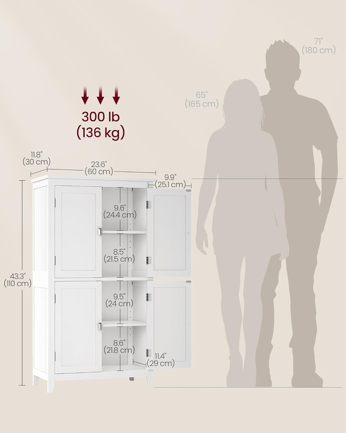 Floor Storage Cabinet, Freestanding Storage Unit with 4 Doors, Adjustable Shelves, for Entryway, Bathroom