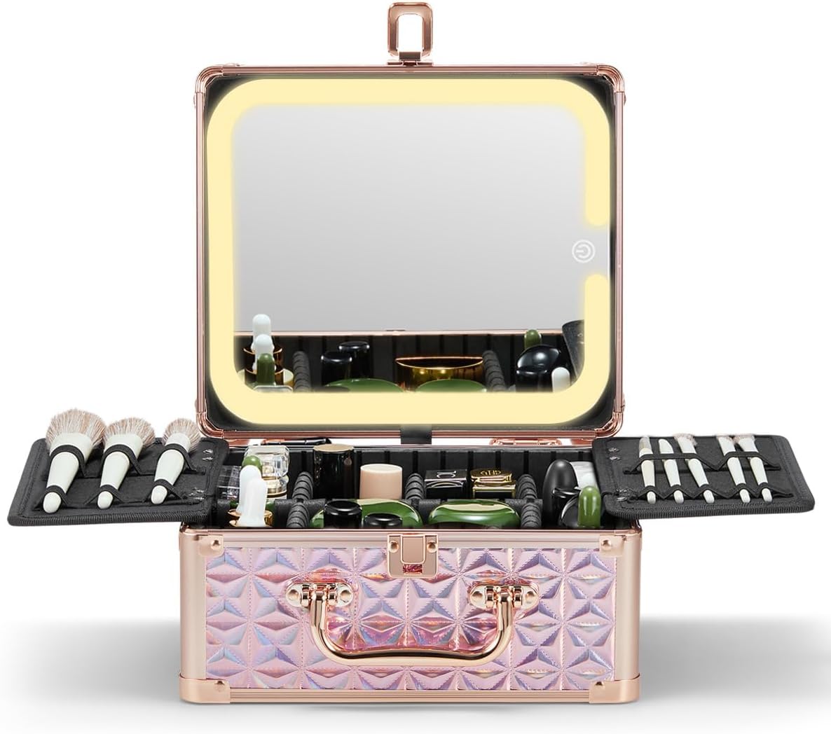 Makeup Box with A Detachable Lighted Mirror, Makeup Suitcase with Adjustable Dividers, Magnetic LED Mirror