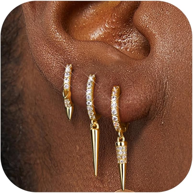 3Pairs 925 Sterling Silver, 14K Gold Plated Small Huggie Hoop Earrings Sets for Multiple Piercing CZ Cartilage Earrings Stacks
