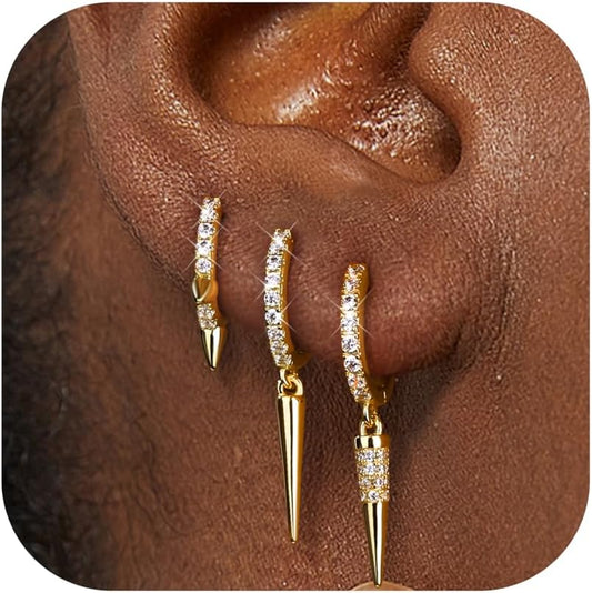 3Pairs 925 Sterling Silver, 14K Gold Plated Small Huggie Hoop Earrings Sets for Multiple Piercing CZ Cartilage Earrings Stacks