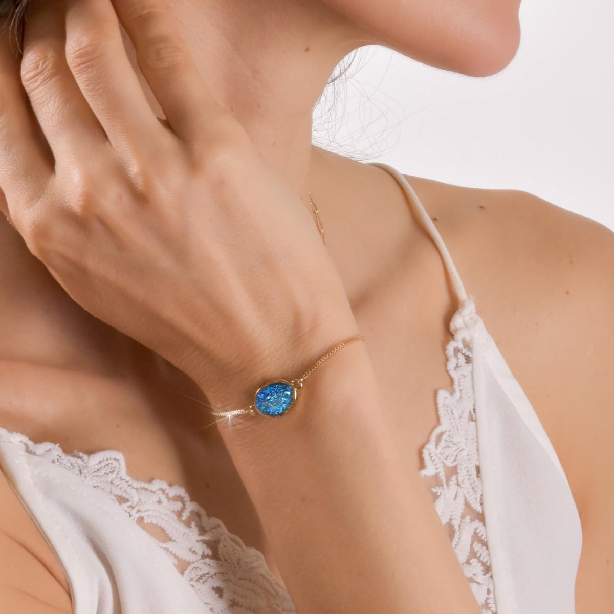 Humble Chic NY Simulated Druzy Chain Bracelet for Women - Boho Stackable Adjustable Bolo Slider Bracelet