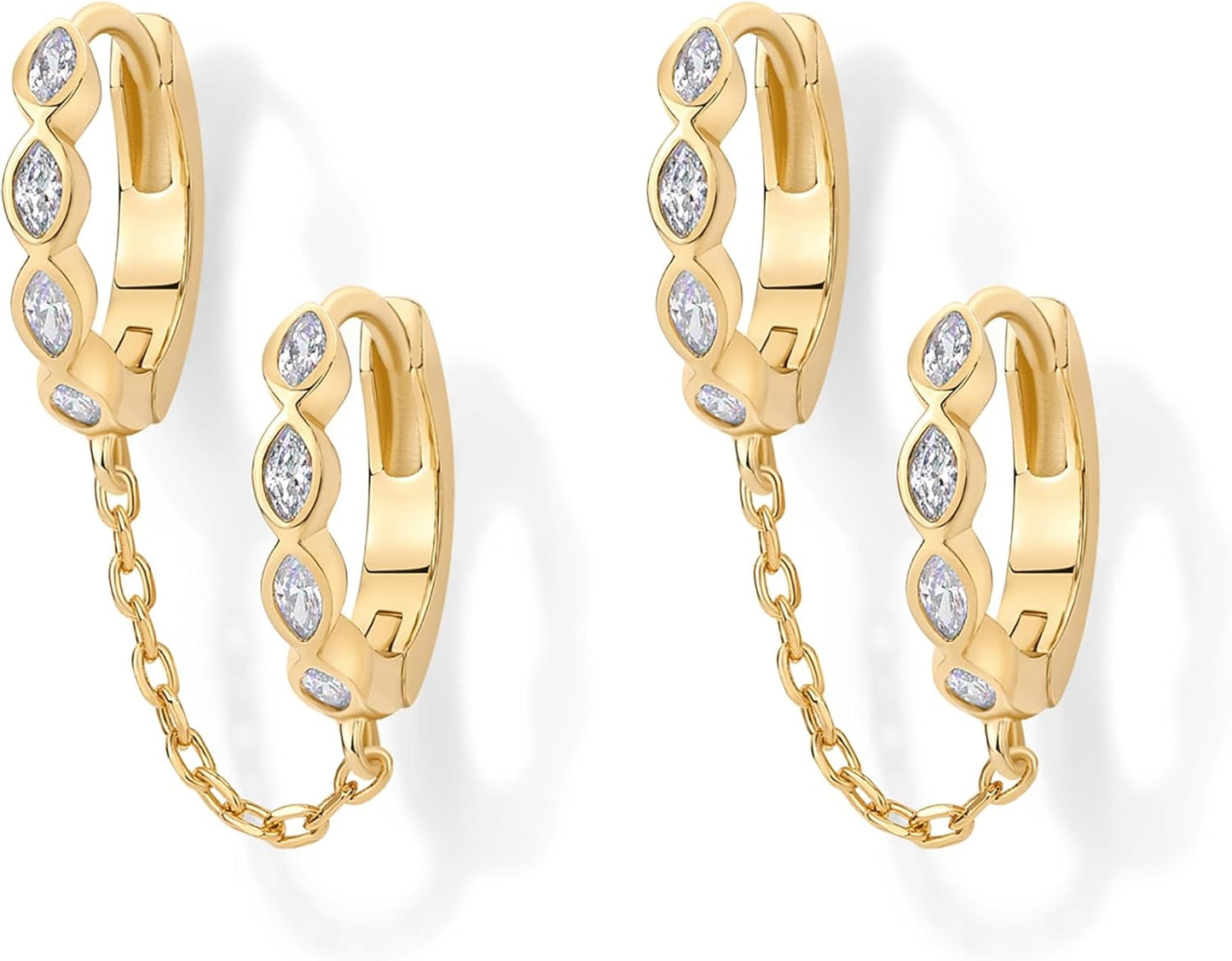 14K Gold Chain Earrings for Women | Double Piercing Dangle Chain Huggie Hoop Earrings | Cubic Zirconia Pearl Stud Ear Cuff Earrings for Women