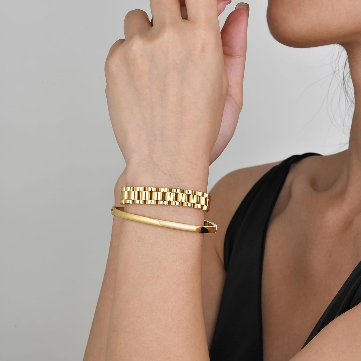 2pcs Gold Chain Link Bracelet, Stainless Steel Crystal Friendship Bracelets Bangle,Watch Band Chains Wristband