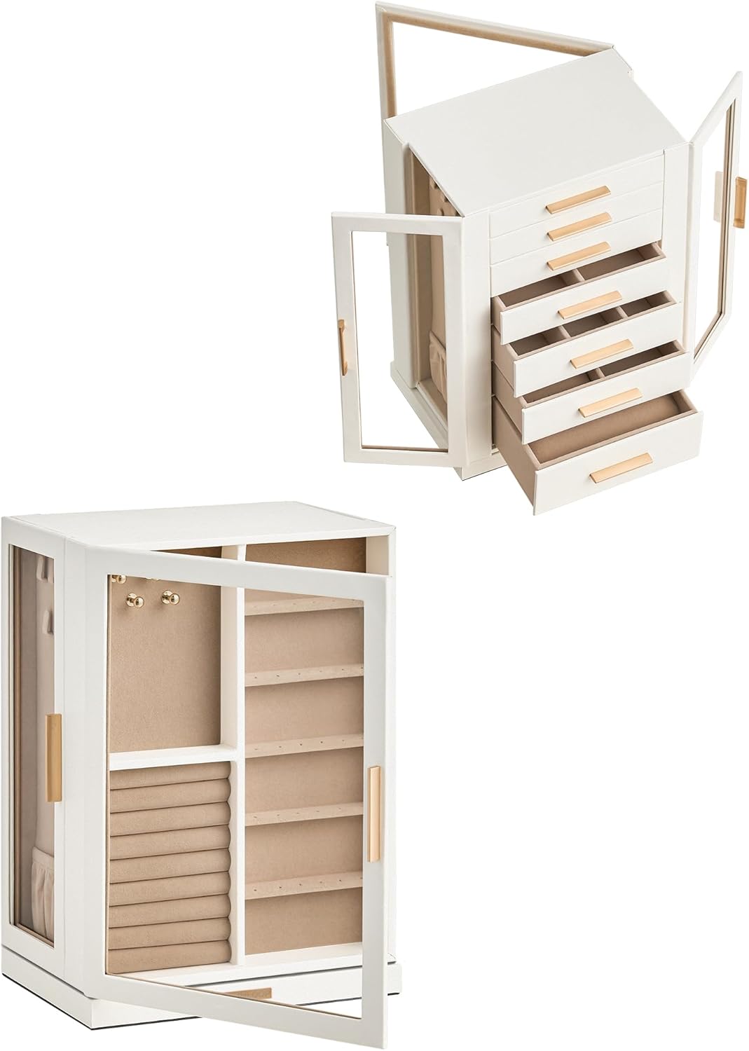 360° Rotating Jewelry Box with 7 Drawers, Spacious Vertical Jewelry Organizer with Glass Window