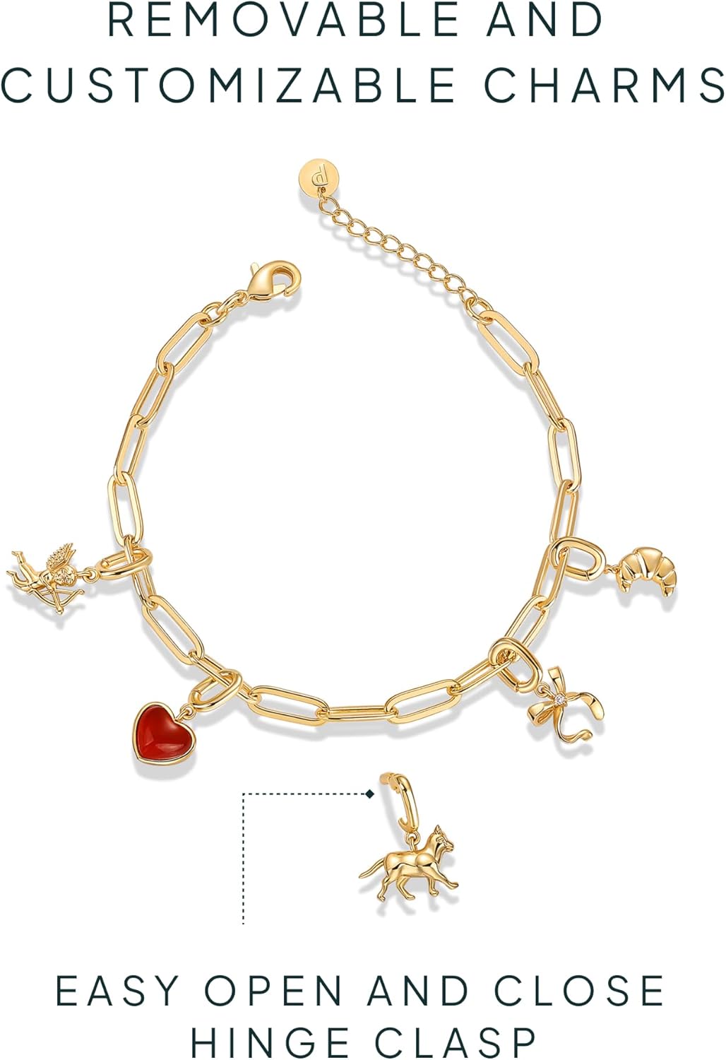 14K Gold Plated Adjustable Bracelet for Women | Twisted Bar & Paperclip Charm Chain Bracelets with Moon, Evil Eye