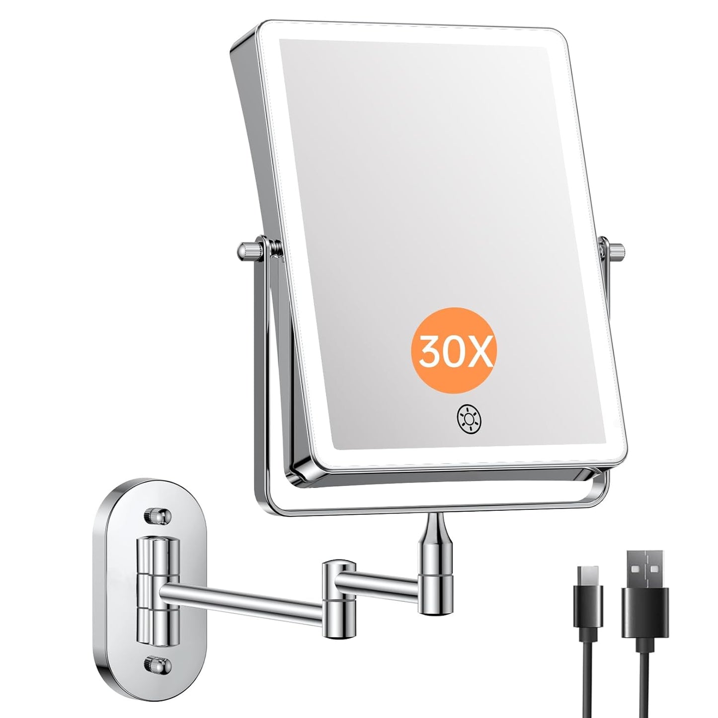 Rechargeable Wall Mounted Makeup Mirror, with Light  8.7" Double Sided Touch  1X/30X