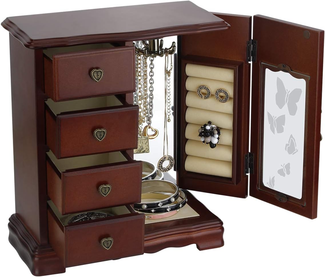 Solid Wooden Jewelry Box Organizer Women Ring Storage with 4-Drawers Built-in Necklace Carousel and Mirror