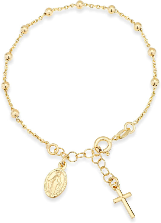 14K Gold Over Sterling Silver Italian Rosary Cross Bead Charm Link Chain Bracelet for Women, Adjustable, 925 Made in Italy