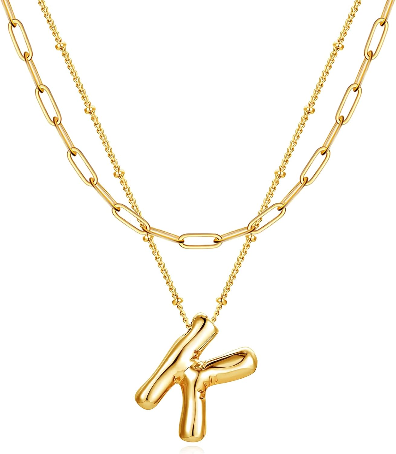 Letter Necklace With Balloon Pendant, 14K Gold Plated Double Chain Jewelry, Personalized Initial Necklace Gift for Women