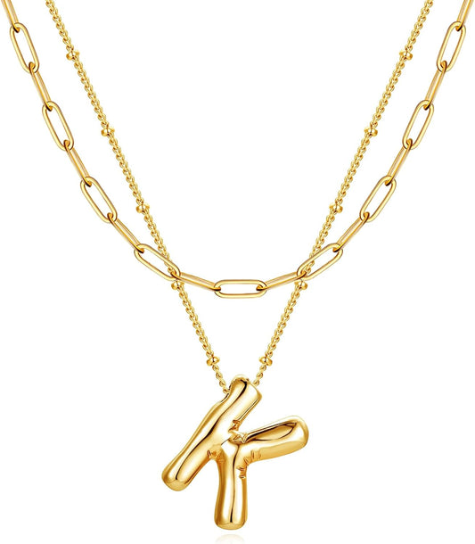 Letter Necklace With Balloon Pendant, 14K Gold Plated Double Chain Jewelry, Personalized Initial Necklace Gift for Women