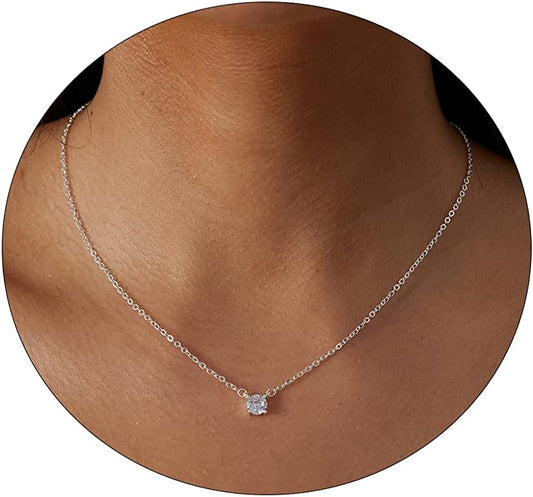 14K Gold Plated CZ Diamond Necklace, Dainty Solitaire Pendant, Round/Square Simulated Diamond Choker, Bridal Jewelry Gift for Women