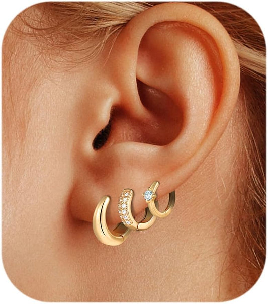 Gold Chunky Hoop Earrings Set for Women, 14K Gold Plated Twisted Huggie Hoop Earring, Thick Open Hoops Set Lightweight