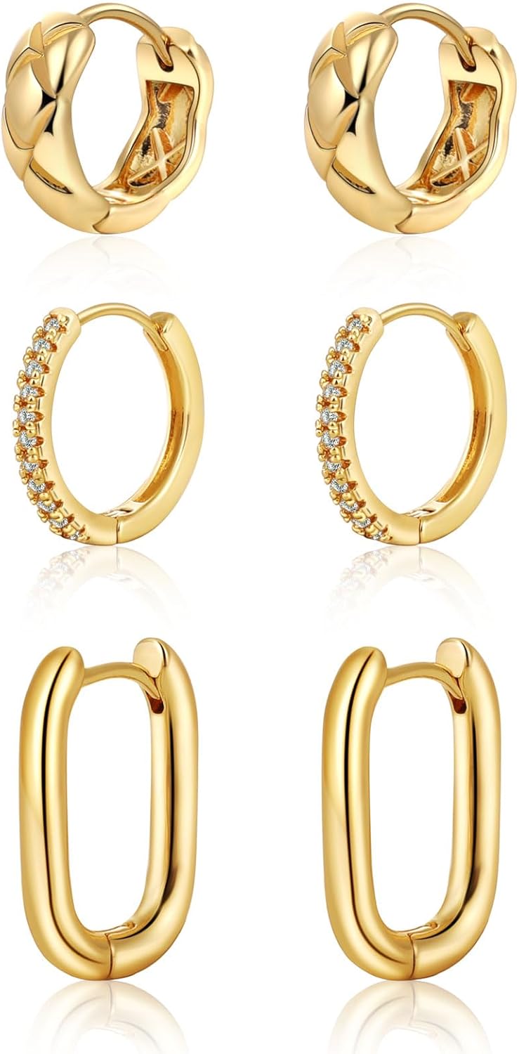 Gold Chunky Hoop Earrings Set for Women, 14K Gold Plated Twisted Huggie Hoop Earring Thick Open Lightweight Chunky Hoop