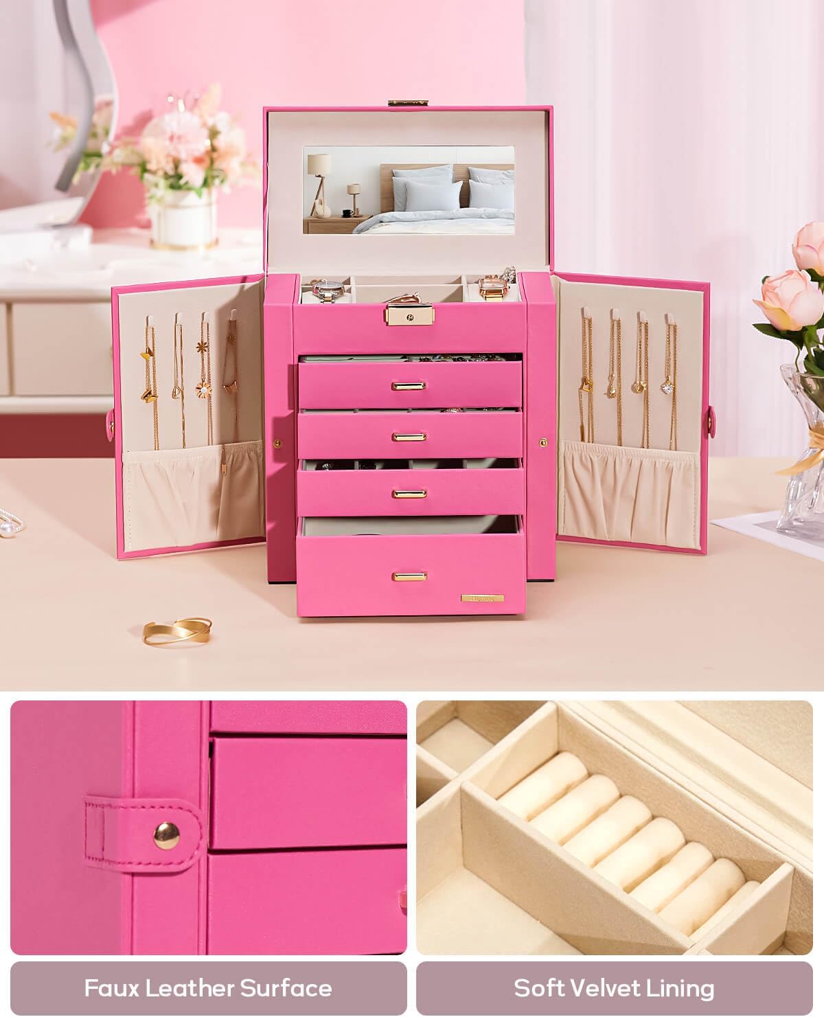 Synthetic Leather Huge Jewelry Box Mirrored Watch Organizer Necklace Ring Earring Storage Lockable