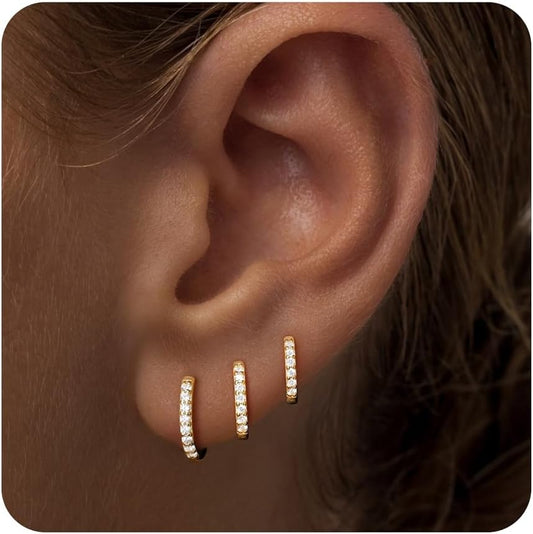 Small Sterling Silver Huggie Hoop Earrings Set for Women, 14K Gold Plated Hoops Stacks for Multiple Piercings